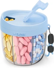 Cute Pill Dispenser with 7 Large Compartments, Portable Bottle Blue 