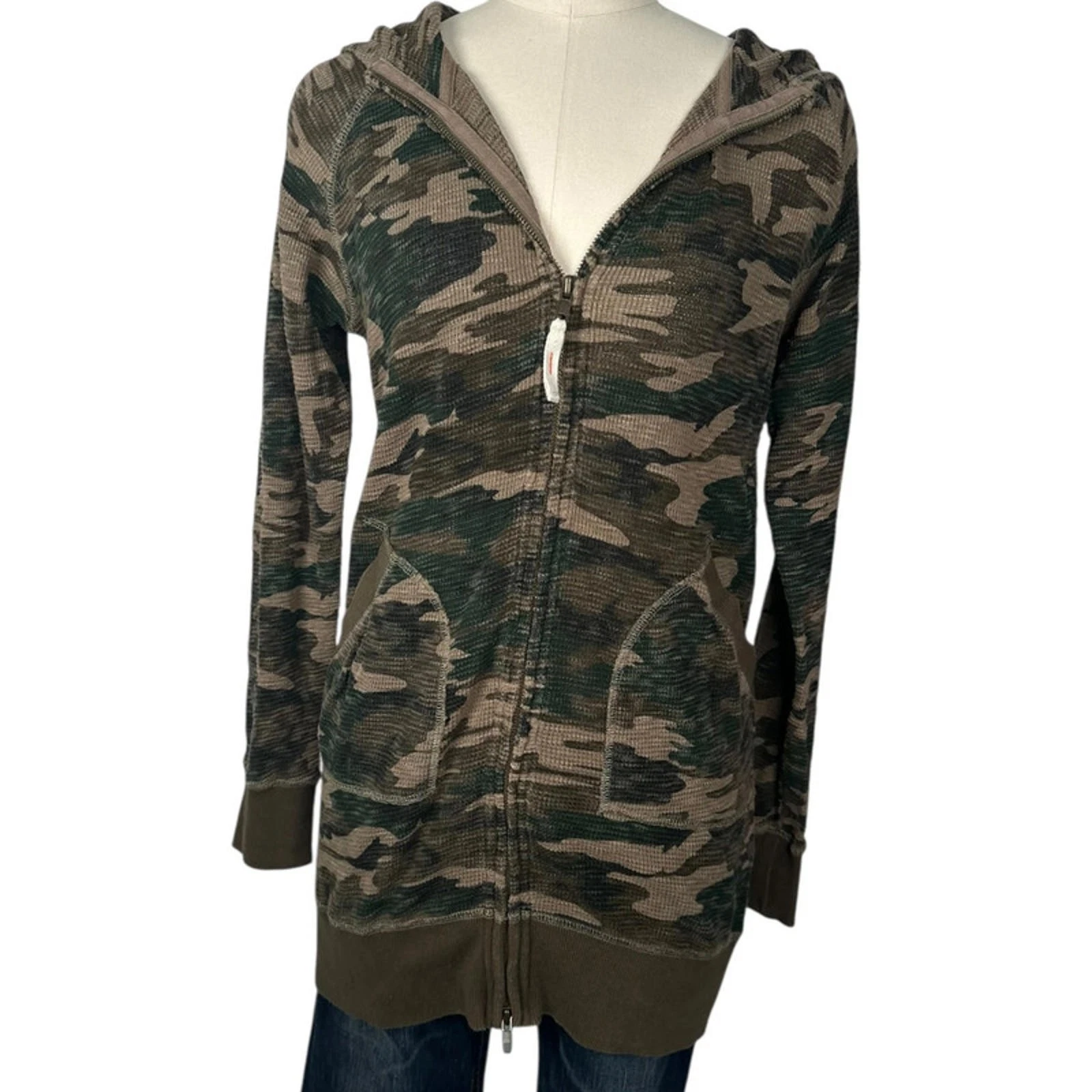 2000s grunge camo print thermal zip up long hoodie