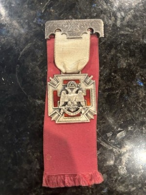 Vintage 925 Scottish Rite 32° Masonic Medal Red Enamel Jewel Ribbon Double Eagle
