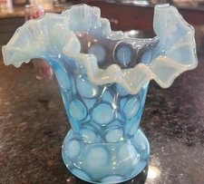 Vintage Fenton Coinspot Dot Blue Opalescent Tri-fold Crimped Ruffled Glass Vase