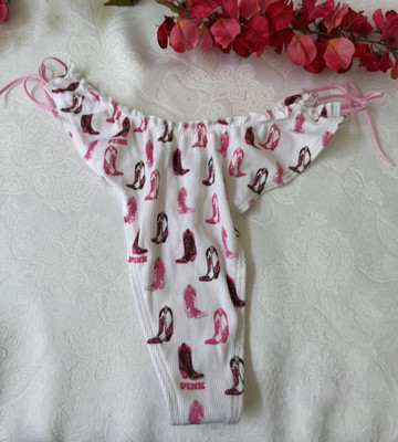 PINK VICTORIA'S SECRET L COWBOY BOOTS BOWS TIES PUCKERED SISSY THONG PANTIES NWT