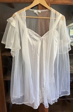 Val Mode Sheer Lace Beaded Nightgown Peignoir Set White Bridal Medium Vintage