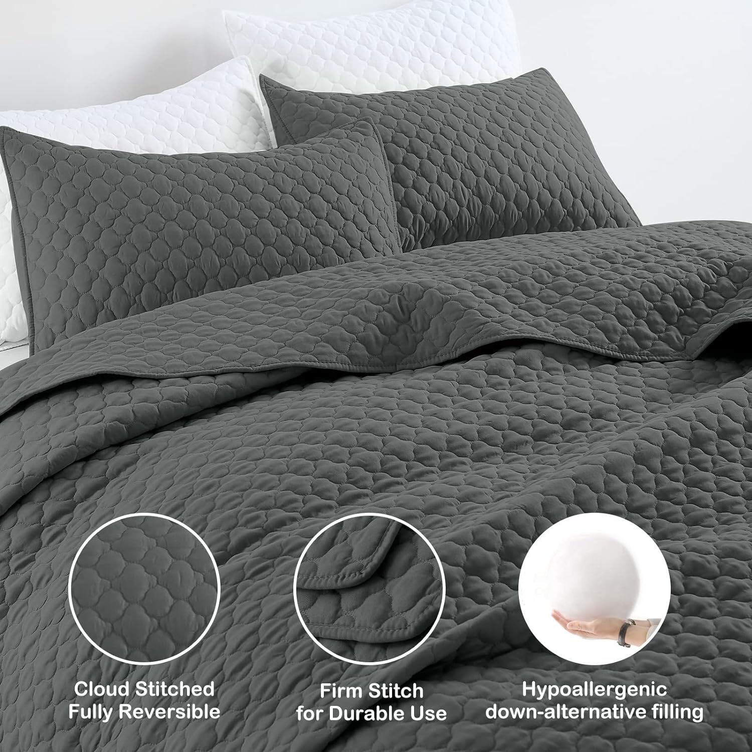 HORIMOTE HOME Quilt Set Queen Size, Dark Grey Bedspread with Clouds