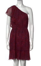 Anna Sui Red & Purple Heart Print 100% Silk One Shoulder Dress, Size 8 (US)
