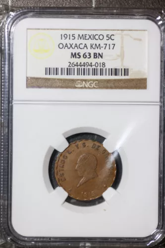 1915 Mexico 5C OAXACA - 2ND BUST LONG POINTED TRUNCATION	 MS 63 BN Coin NGC