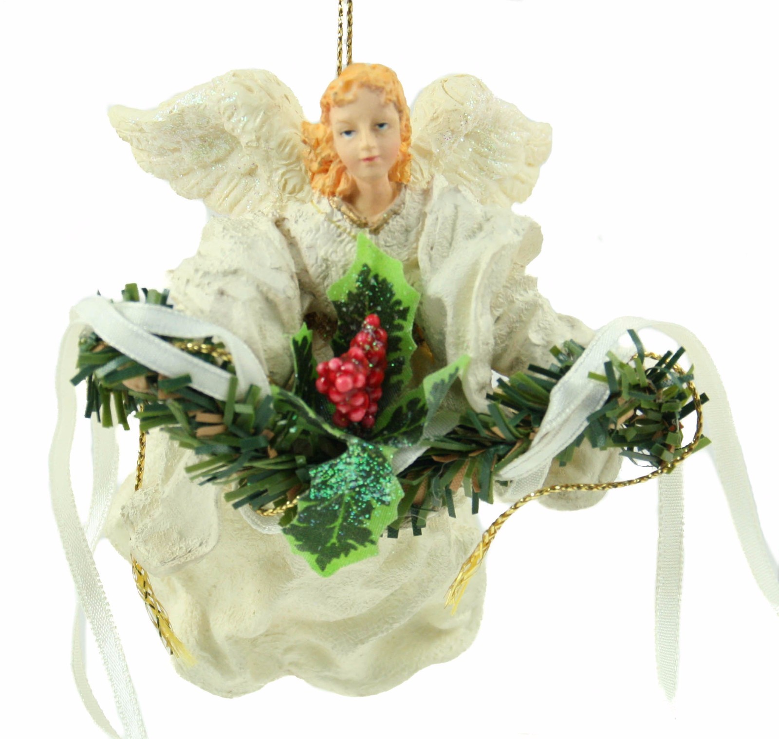 White Ceramic Angel Holly Christmas Ornament for Holiday Decor