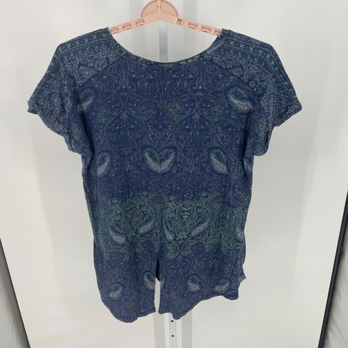 Lucky Brand Womens Short Sleeve Top Sz 1X Blue Paisley Round Neck Boho Hippie - Picture 2 of 10