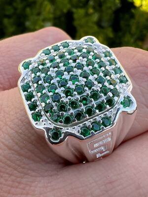 Mens Real Solid 925 Sterling Silver Iced Simulated Green Emerald Ring Pinky CZ