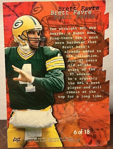 1997 Ultra Blitzkrieg Rare Die Cut Version #6 Brett Favre HOF Green Bay Packers - Picture 2 of 2