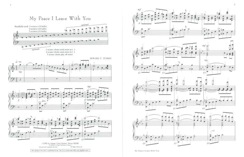 My Peace I Leave With You Sheet Music 3-5 Octaves Handbells 1995 Howard F Starks - Image 2 of 4