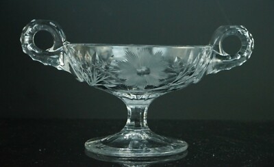Vintage Cut Glass Floral Design Open Sugar Bowl Double Handle Footed
