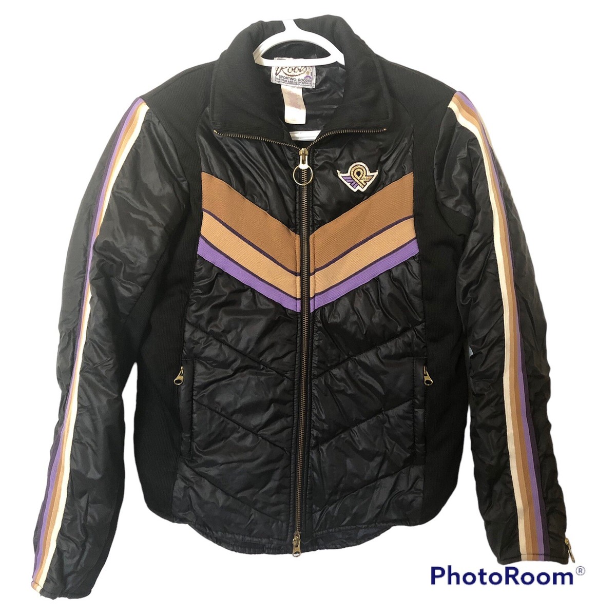 ジャケット・アウター 1980s 90s ROOTS Black Leather Zip Jacket Vintage Roots 73 Retro Quilted Ski Jacket Black Full Zip Patch