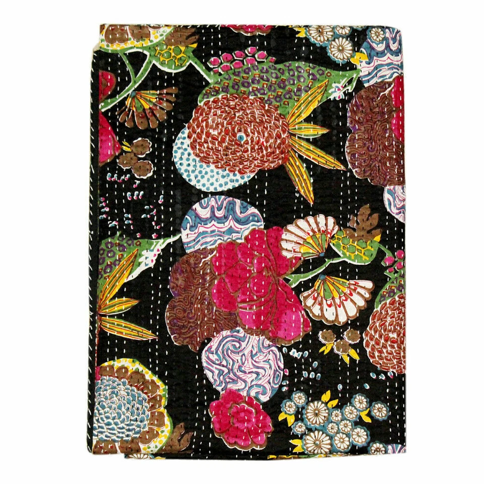 Colcha Kantha negra índigo floral tamaño doble colcha manta ropa de cama Foto 2 de 3