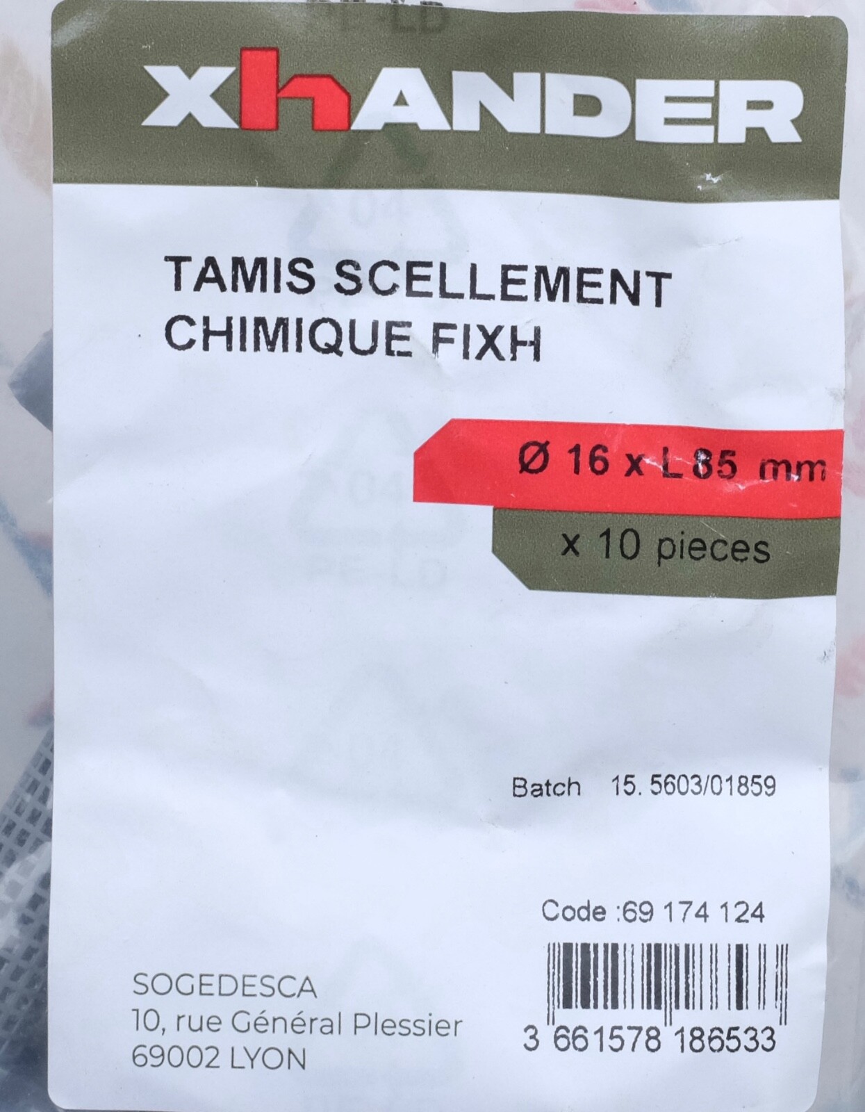 Tamis scellement chimique brique creuse XhANDER FIXH 16x85mm