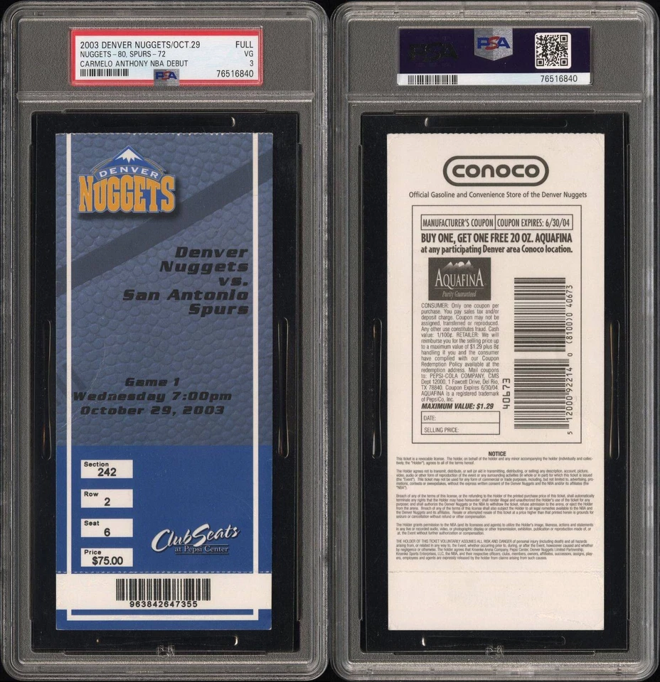 CARMELO ANTHONY NBA DEBUT 2003 FULL TICKET DENVER NUGGETS/SPURS 10/29 POP4 PSA 3 - Image 3 of 4