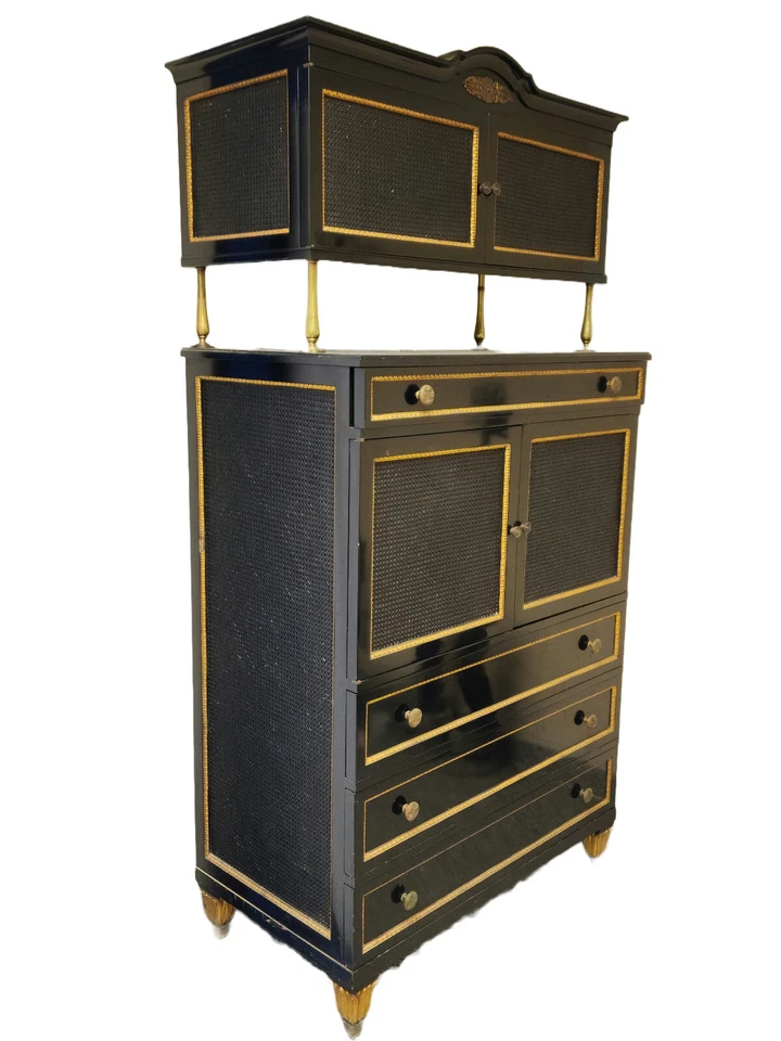 RARE CHIC 40's GROSFELD HOUSE  BLACK LACQUERED CABINET w/ CANE WORK & BRASS  - Image 2 of 4