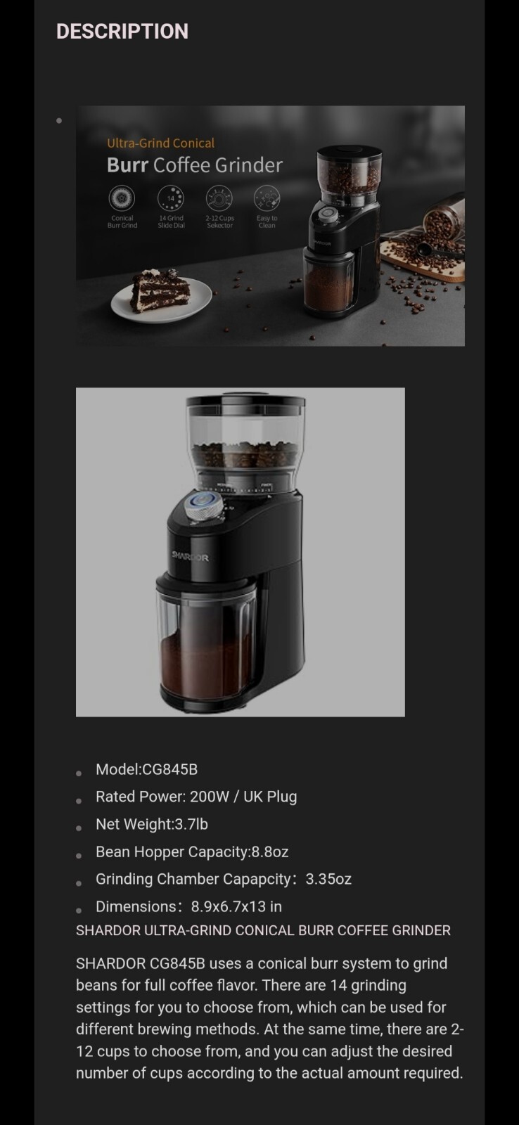 SHARDOR CONICAL BURR COFFEE GRINDER eBay