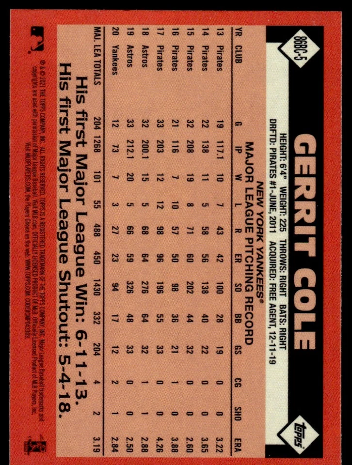 2021 Topps 1986 Chrome Silver Pack Gerrit Cole New York Yankees #86BC-5 R104 - Image 2 of 2