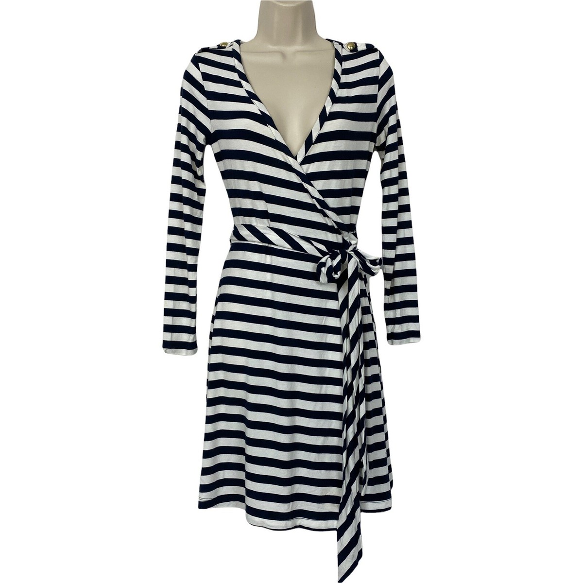 Banana Republic Wrap Dress XSP Womens Blue Ivory Stripe Stretch Knit XS Petite Banana Republic Wrap Dress XSP Womens Blue Ivory Stripe Stretch Knit XS Petite