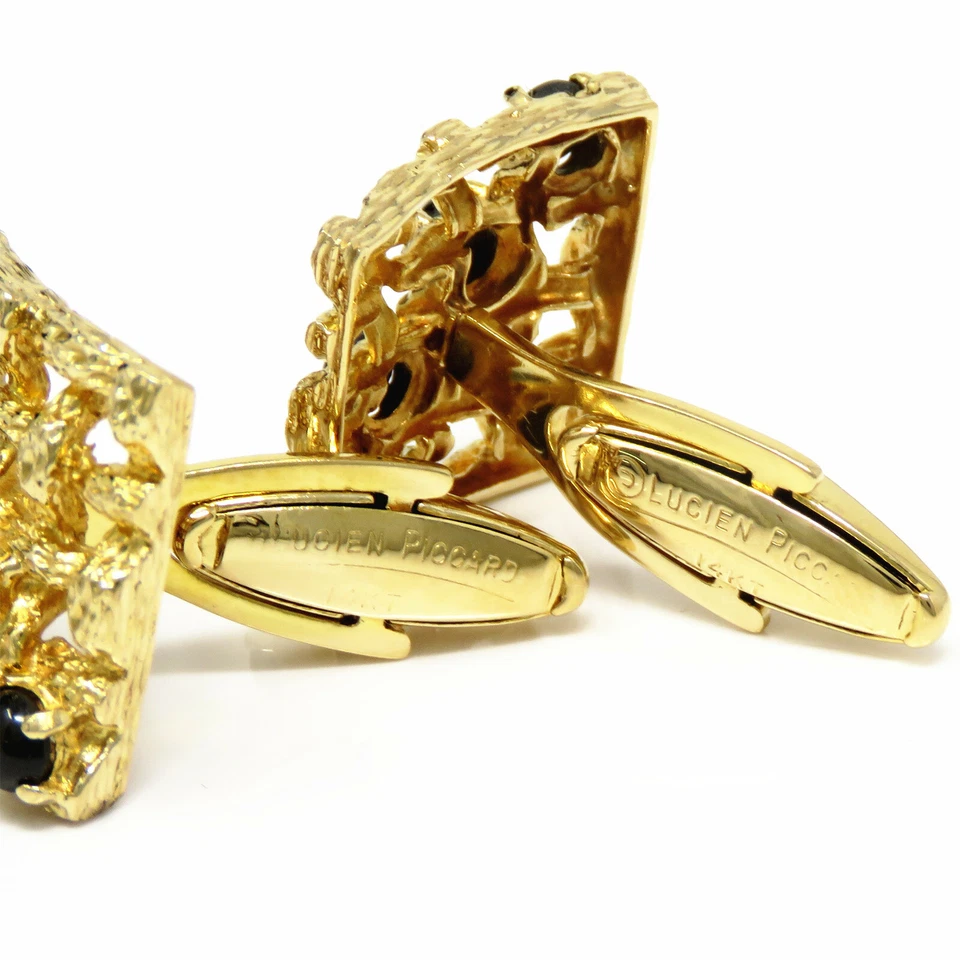 Gemelos NYJEWEL Lucien Piccard oro amarillo 14k estrella negra zafiro grandes a cuadros Foto 3 de 4