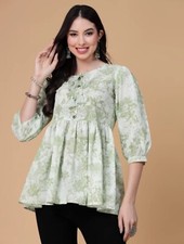 Women Tunic wear; Light Green Printed Empire A-line Pleated Cotton Tunic Top