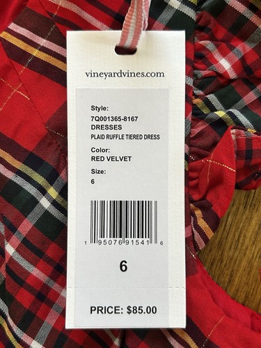 Vineyard Vines NWT Plaid Ruffle Tiered Dress | Red Velvet | Girls Size 6 - Picture 12 of 12
