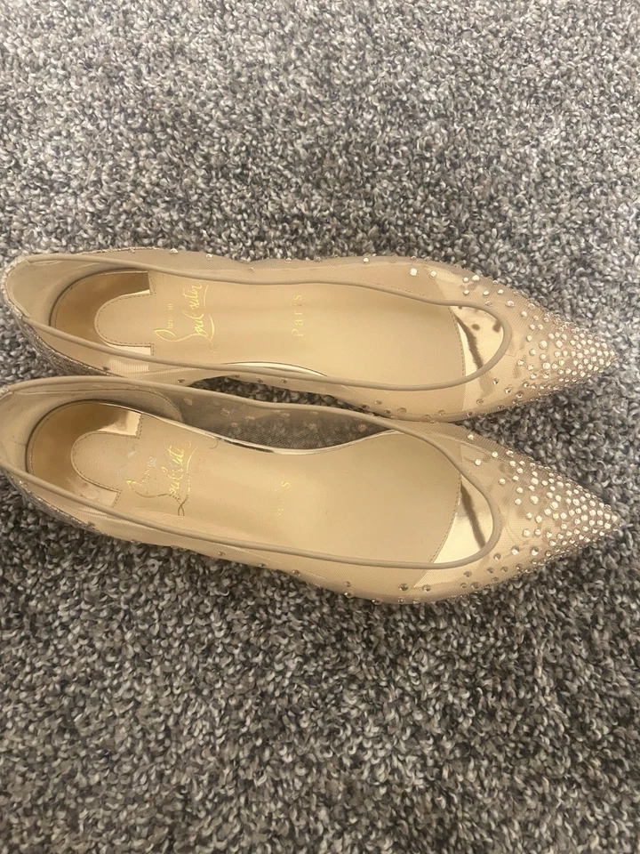 Zapato plano de ballet Christian Louboutin Follies talla 5,5/36 strass beige malla piedra Foto 4 de 4