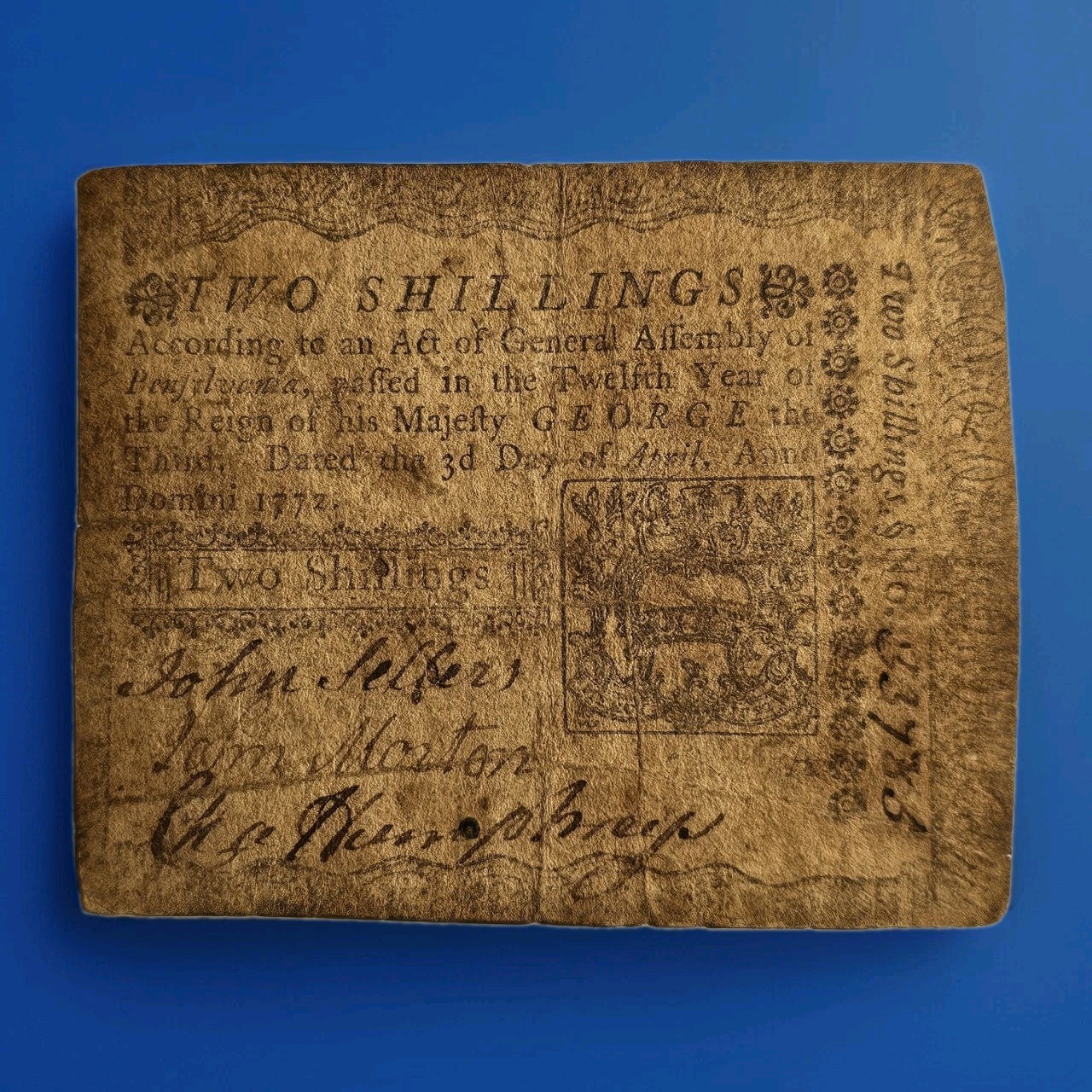 1772 Declaration Signer John Morton On PA 2 Shilling Note Colonial Currency Auto