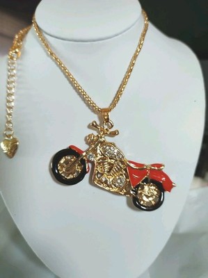 Betsey Johnson Gold & Red  Motorcycle Pendant  Gold Chain Necklace 