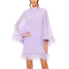Mac Duggal NWT High Neckline Sheer Full Sleeve Fringe Accent Short Dress Size 2
