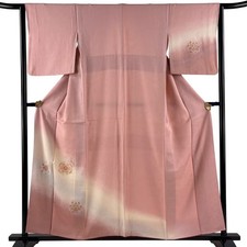 Japanese Silk Kimono S 156.5cm Pink Floral pattern Grass and flowers Lined 15013