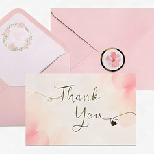 40 Gold Pink All Occasions Thank You Cards Notes Envelopes Stickers Set 4x6 New