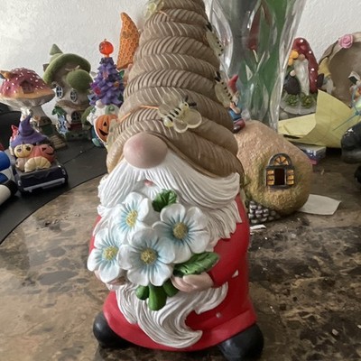 Resin Gnome Figurine Painted 3D Effect Red Coat Brown Hat Holding Flowers