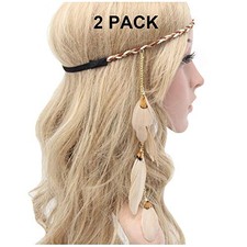 WLBON Halloween Boho Feather Headband Hippie Indian Leaf Hair Khaki Tone 2 Pack