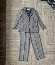 Vintage LIHLI Saks Fifth Avenue Wool Pant Suit Gray Tweed Blazer Size 14 USA