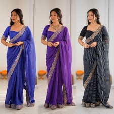 Women Saree With Embroidered Blouse Faux Georgette Party Wedding Saree Wear
