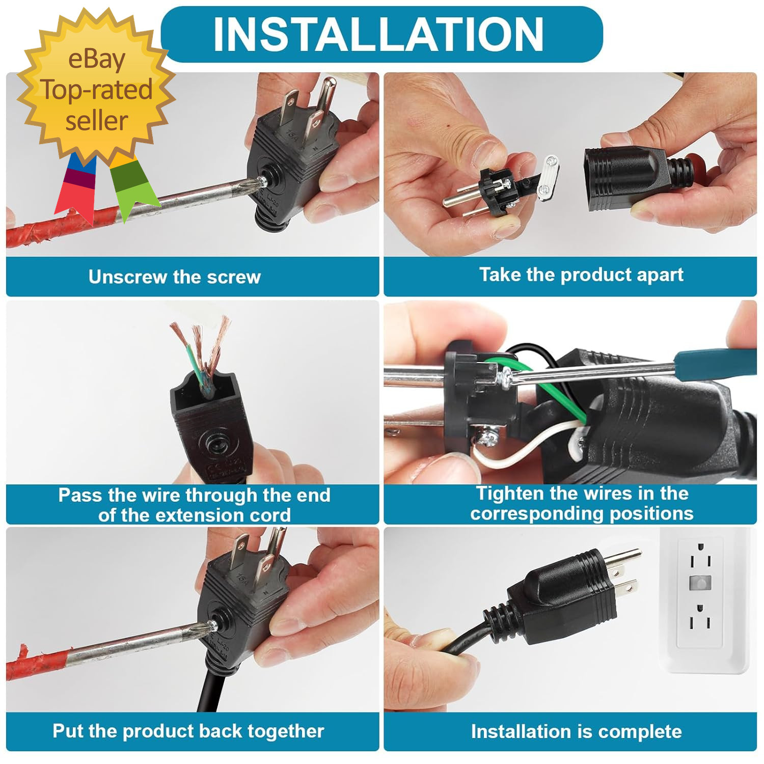 Electrical Replacement Plugs Male End Extension Cord 125V 15A 2Pole 3Wire 2 Pole