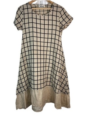 Modernmiss Women's M Natural Beige Black Geometric Layered A-Line Dress