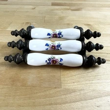 Vintage Brass Ceramic White Floral Drawer Pull Handles 3" Center Lot of 3