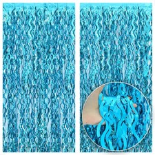 , Xtralarge Wavy Blue Foil Fringe Curtain - Pack of 2 Blue Streamers for Un...