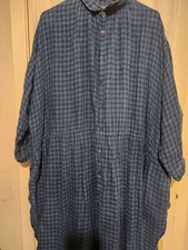 Ichi Antiquit s Navy  Chambray Plaid Linen Shirt Dress Pockets One Size