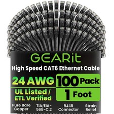 GEARit Cat 6 Ethernet Cable Pack - 100-Pack 1 ft Cat6 1 Foot, Black