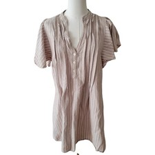 LOFT Tan & White Striped Babydoll Linen Blend Dress Size Small