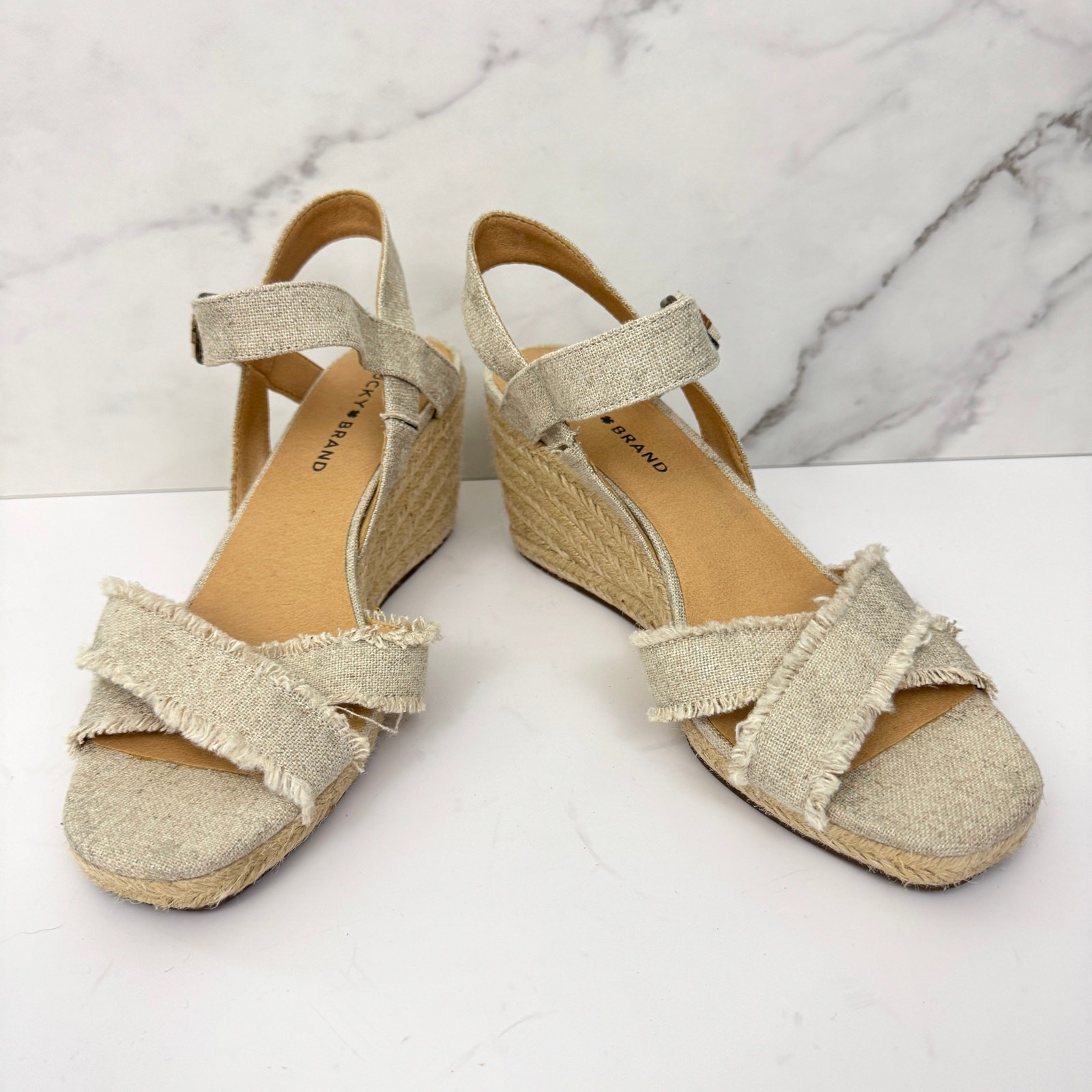 Lucky Brand Womens Margaline Wedge Espadrille Size 8.5 Fray Edge Cream