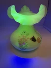 Vintage Fenton Ruffled Satin Custard Uranium Glass Vase Hand Painted Floral.