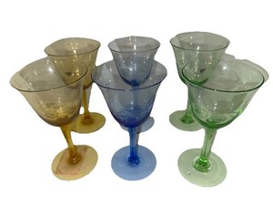 Vintage Crystal Set 6 Multi Colored Stemmed Cordial Glasses W/ Etched Flowers