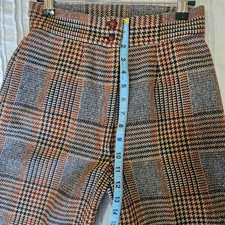 Vintage 70s Plaid Pants Women 26  x 31  Wool Blend High Waist Bell Bottom Cuff