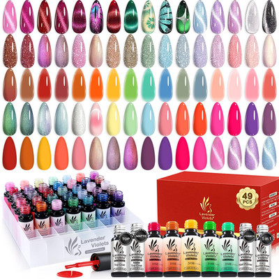 49 PCS Gel Nail Polish Set, 45 Colors Cat Eye Reflective Glitter Gel Polish with