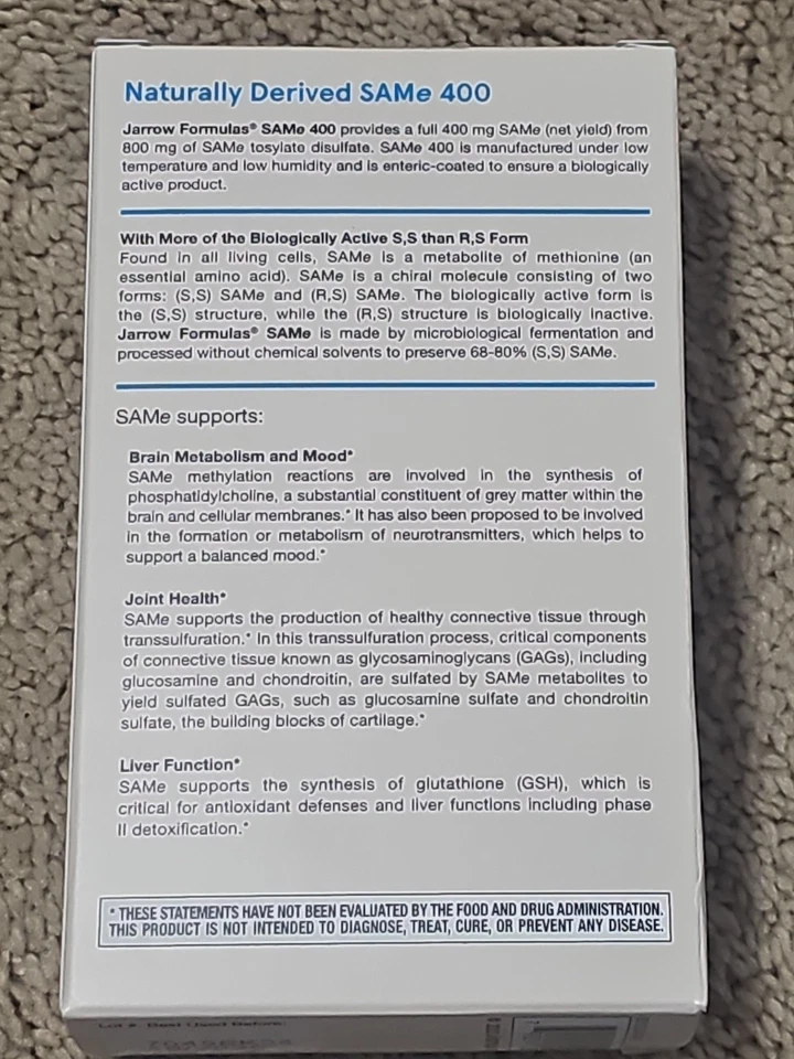 JARROW FORMULAS SAMe 400 SOPORTE ESTADO DE ÁNIMO EXTRA FUERZA 30 COMPRIMIDOS CADUCADO 10/2026 Foto 3 de 4