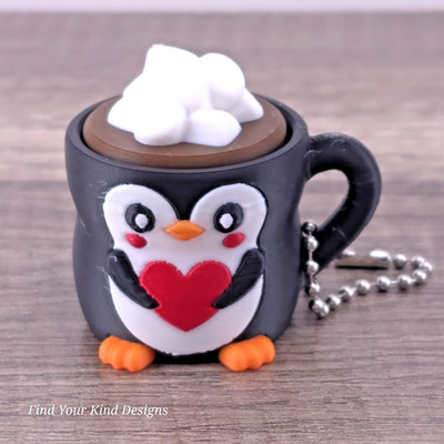 Penguin Mug with Heart Clicker   3D Sensory Fidget Keychain Valentine Gift